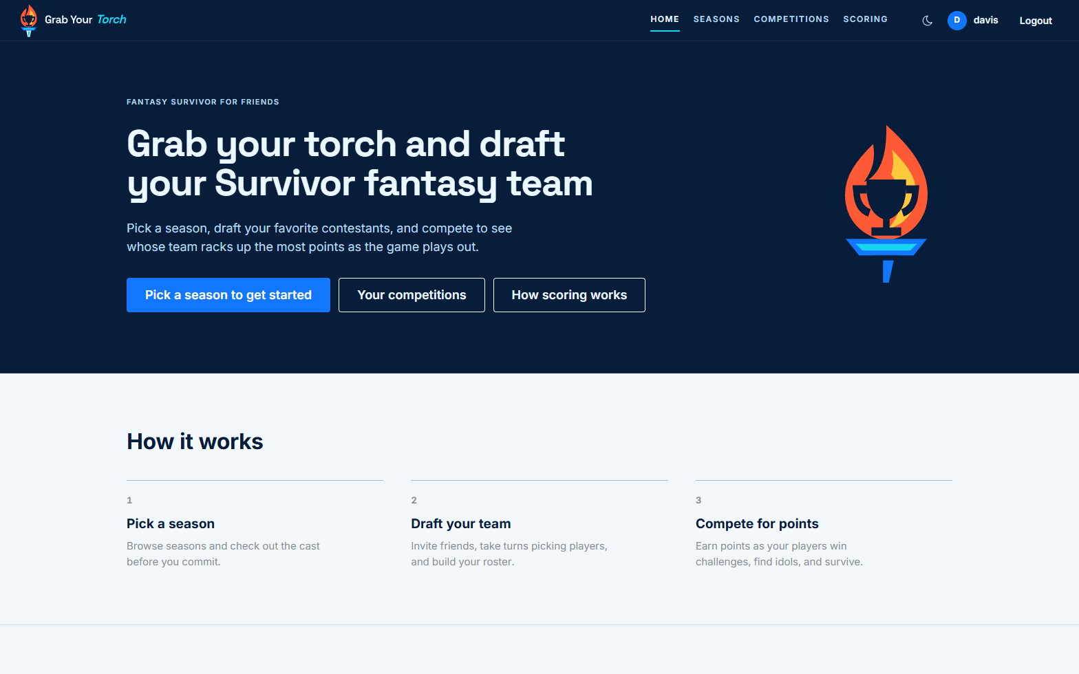 Grab Your Torch homepage: draft your Survivor fantasy team
