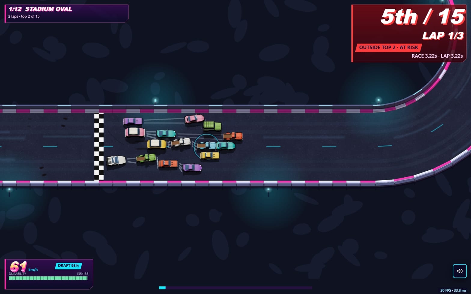 Pink Slip gameplay: a pack of fifteen cars racing past the checkered line on a neon stadium oval, seen from above